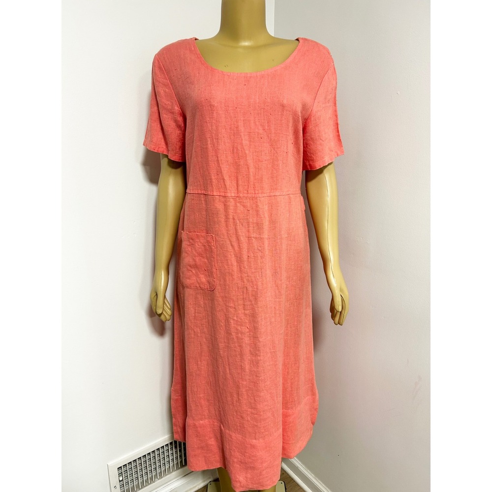 Studio Ease Coral Pink Linen Blend Short Sleeve Midi Dress Pocket Size Large